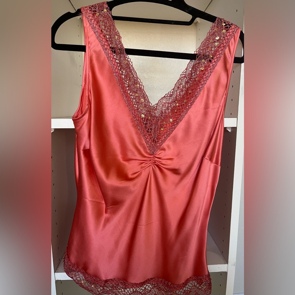Elegant Lace Trim Satin Top - Peach